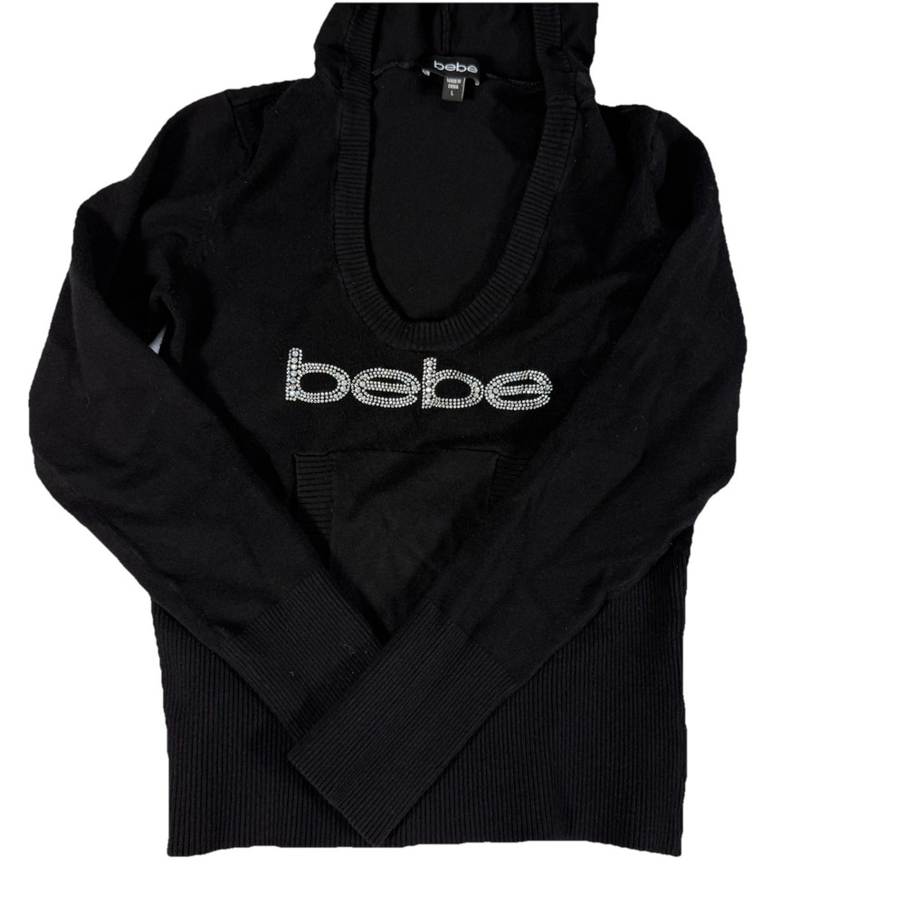 Y2K Women's L Bebe Rhinestone‎ Logo Pocket Sweater Large Hooded